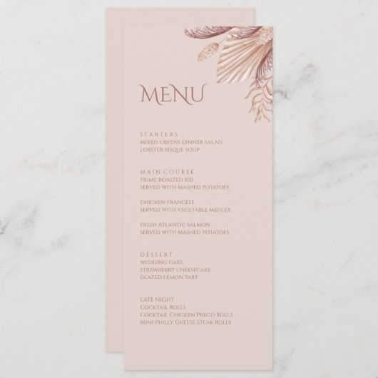 Boho Blush Pampas Grass Wedding Menu Kaart (Voorkant / Achterkant)