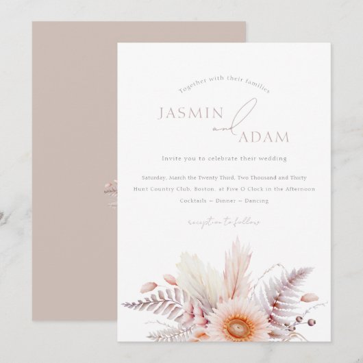 Boho Blush Pampas Madeliefjes Bruiloft Kaart (Voorkant / Achterkant)