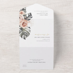 BOHO BLUSH PEACH FLORAL MONSTRERA LEAF WEDING ALL IN ONE UITNODIGING