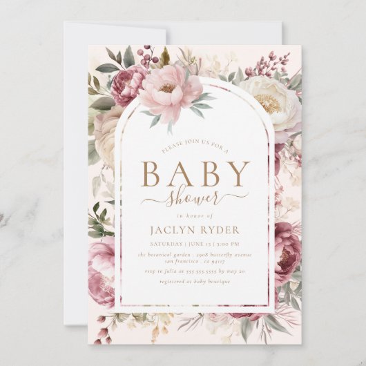 Boho Blush Peonies Bloemen Baby Meisje Douche Kaart (Voorkant)