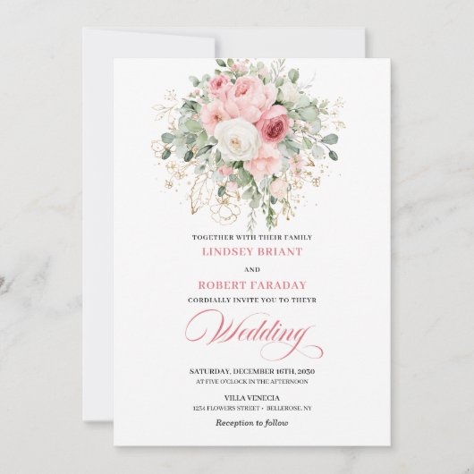 Boho Blush Peonies Greenery Gold Wedding Invites Kaart (Voorkant)