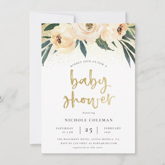 Boho Blush Pink & Brushed Gold Script Baby shower Kaart (Voorkant)