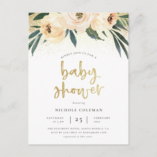 Boho Blush Pink & Brushed Gold Script Baby shower Uitnodiging Briefkaart (Voorkant)