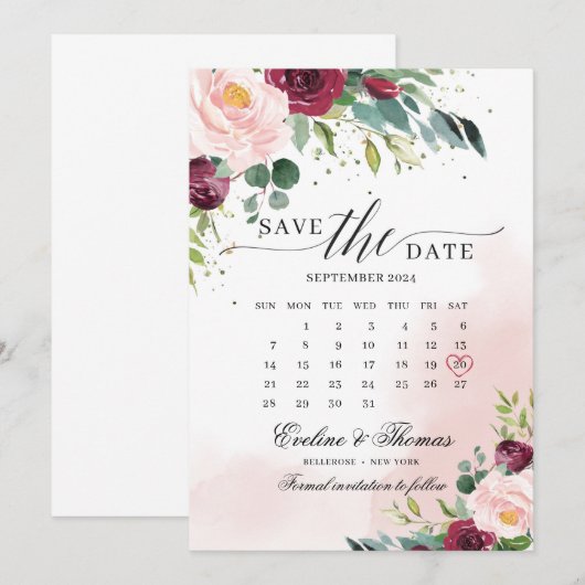 Boho blush pink burgundy kalender save the date (Voorkant / Achterkant)