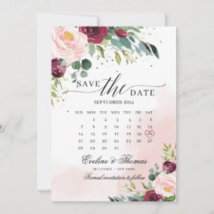 Boho blush pink burgundy kalender save the date