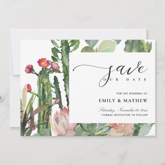 BOHO BLUSH PINK DESERT CACTUS FLORAL WATERVERF SAVE THE DATE (Voorkant)