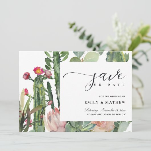 BOHO BLUSH PINK DESERT CACTUS FLORAL WATERVERF SAVE THE DATE (Staand voorkant)
