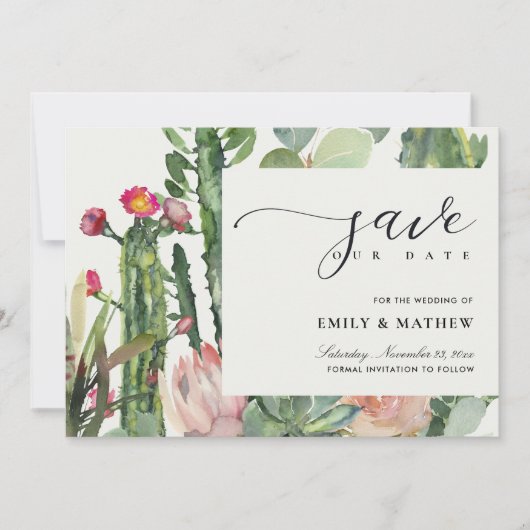 BOHO BLUSH PINK DESERT CACTUS FLORAL WATERVERF SAVE THE DATE (Voorkant)
