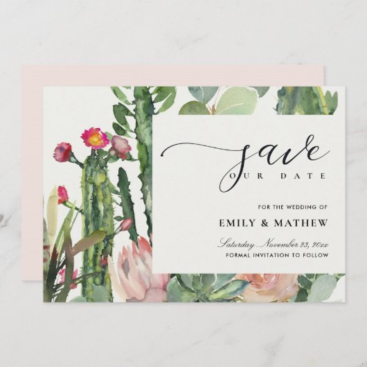 BOHO BLUSH PINK DESERT CACTUS FLORAL WATERVERF SAVE THE DATE (Voorkant / Achterkant)