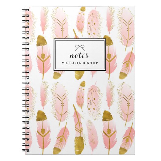 Boho Blush Pink Feathers Gold Foil geïndividualise Notitieboek (Voorkant)