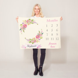 Boho Blush PInk Floral Baby Girl Milestone Baby Fleece Deken