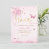 Boho Blush Pink Floral Butterfly Girl Baby shower Kaart (Staand voorkant)