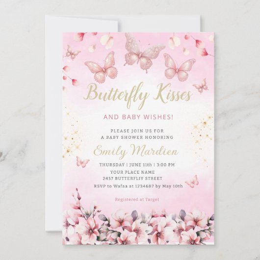 Boho Blush Pink Floral Butterfly Girl Baby shower Kaart (Voorkant)