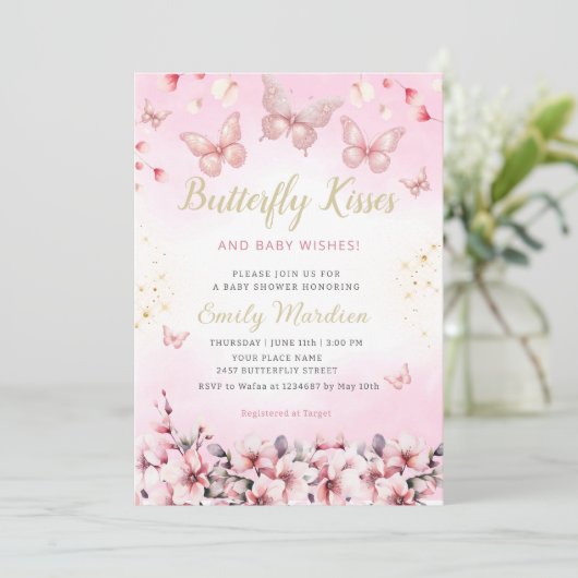 Boho Blush Pink Floral Butterfly Girl Baby shower Kaart (Staand voorkant)
