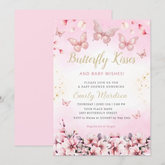 Boho Blush Pink Floral Butterfly Girl Baby shower Kaart (Voorkant / Achterkant)