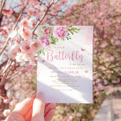 Boho Blush Pink Floral Butterfly Girl Baby shower Kaart