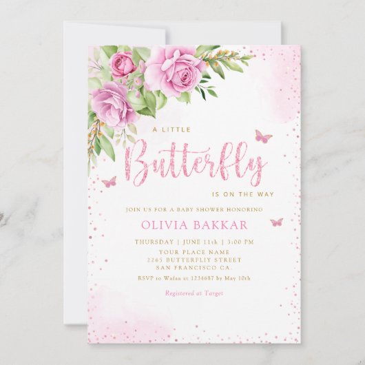 Boho Blush Pink Floral Butterfly Girl Baby shower Kaart (Voorkant)