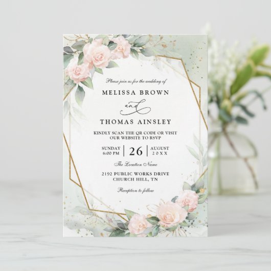 Boho Blush Pink Floral Greenery QR Code Wedding Kaart (Staand voorkant)