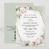 Boho Blush Pink Floral Greenery QR Code Wedding Kaart (Voorkant / Achterkant)