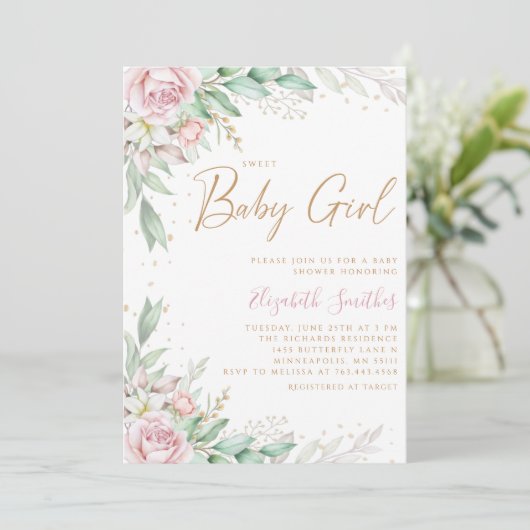 Boho Blush Pink Floral Greeney Girl Baby shower Kaart (Staand voorkant)