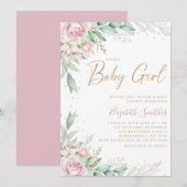 Boho Blush Pink Floral Greeney Girl Baby shower Kaart (Voorkant / Achterkant)