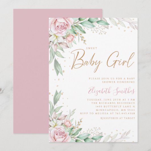 Boho Blush Pink Floral Greeney Girl Baby shower Kaart (Voorkant / Achterkant)