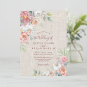 Boho Blush Pink Floral op Rustic Burlap Wedding Kaart (Staand voorkant)