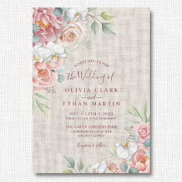 Boho Blush Pink Floral op Rustic Burlap Wedding Kaart
