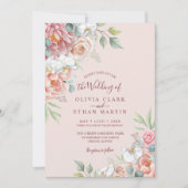 Boho Blush Pink Floral Rustic Wedding Uitnodiging (Voorkant)