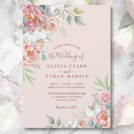 Boho Blush Pink Floral Rustic Wedding Uitnodiging