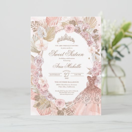 Boho Blush Pink Floral Sweet Sixteen 16e verjaarda Kaart (Staand voorkant)
