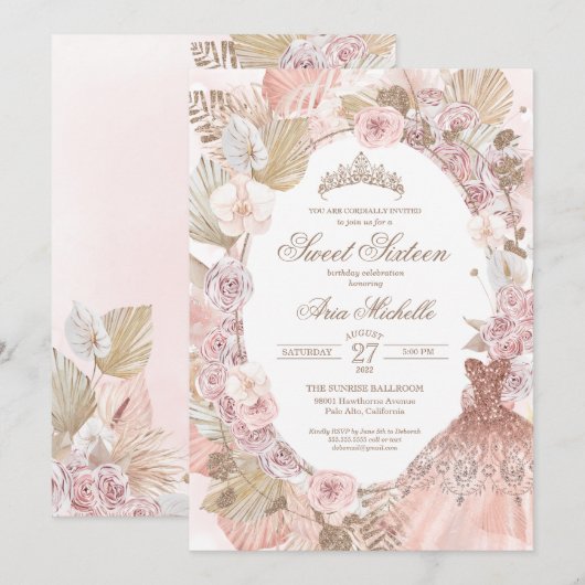 Boho Blush Pink Floral Sweet Sixteen 16e verjaarda Kaart (Voorkant / Achterkant)
