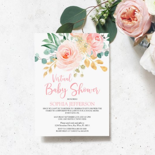 Boho Blush Pink Floral Virtual Baby shower Kaart
