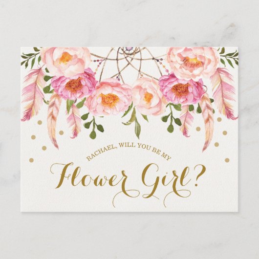 Boho Blush Pink Florals Bloemenmeisje Voorstel Kaa Briefkaart (Voorkant)