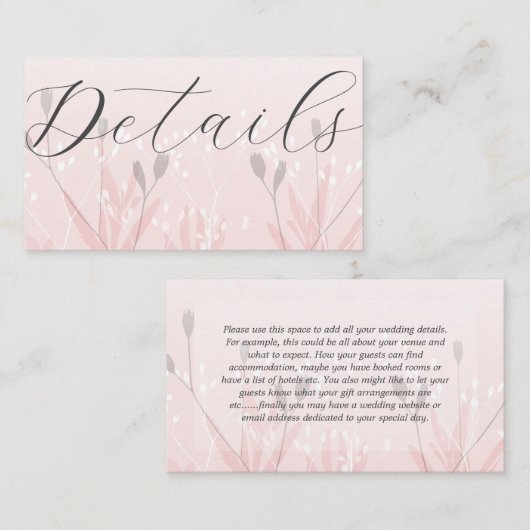 Boho Blush Pink Foliage Weddenschap Details Informatiekaartje (Voorkant / Achterkant)