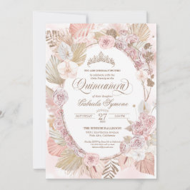 Boho Blush Pink & Gedroogde Floral Rozen Quinceane Kaart