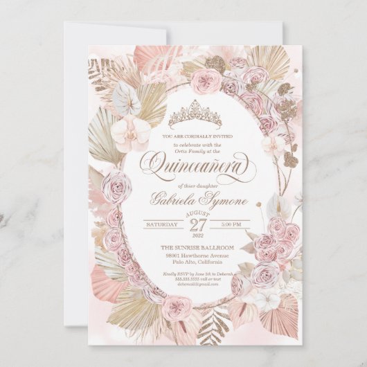 Boho Blush Pink & Gedroogde Floral Rozen Quinceane Kaart (Voorkant)