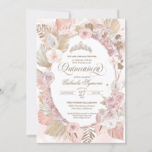Boho Blush Pink & Gedroogde Floral Rozen Quinceane Kaart
