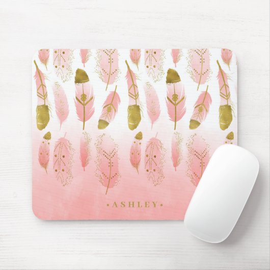 Boho Blush Pink & Gold Feathers Ombre Persoonlijk Muismat (Met muis)