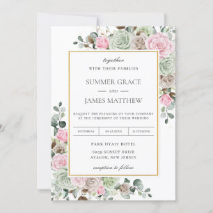 Boho Blush Pink Sage Green Taupe Floral Wedding Kaart