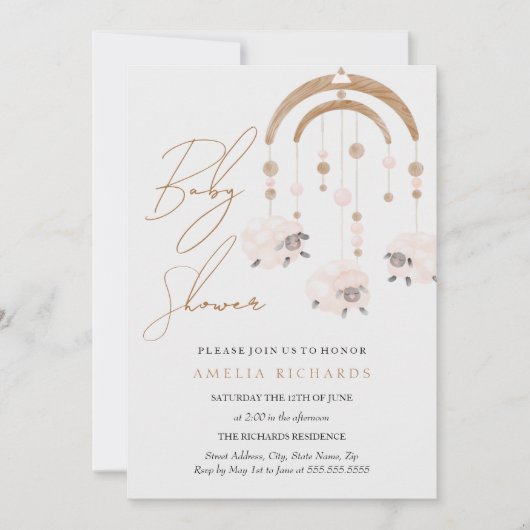Boho Blush Pink Sheep Mobile Baby shower Kaart (Voorkant)