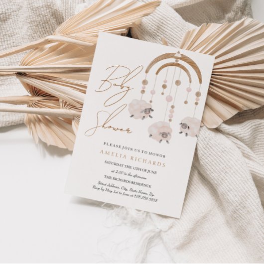 Boho Blush Pink Sheep Mobile Baby shower Kaart