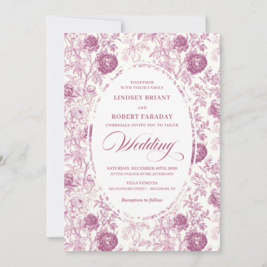Boho Blush Pink Toile Floral Wedding Invitation  Kaart (Voorkant)
