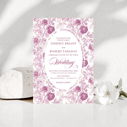 Boho Blush Pink Toile Floral Wedding Invitation  Kaart