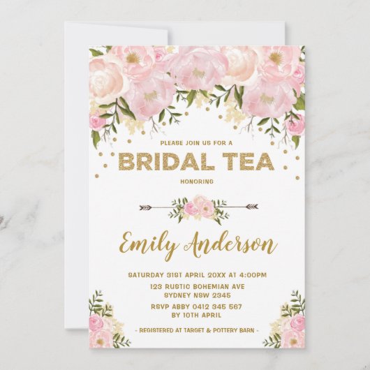 Boho Blush Pink Waterverf Floral Bridal Tea Kaart (Voorkant)