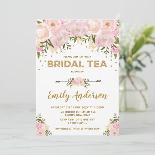 Boho Blush Pink Waterverf Floral Bridal Tea Kaart (Staand voorkant)