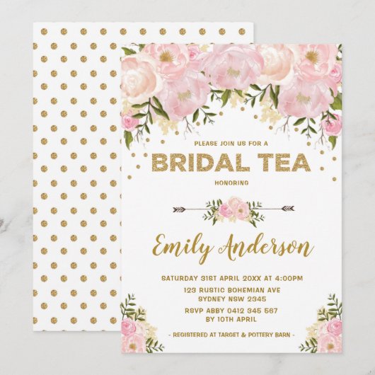 Boho Blush Pink Waterverf Floral Bridal Tea Kaart (Voorkant / Achterkant)