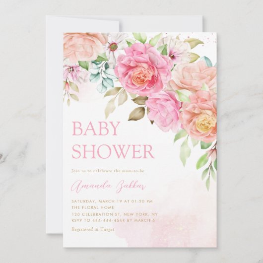 Boho Blush Pink Waterverf Floral Girl Baby shower Kaart (Voorkant)