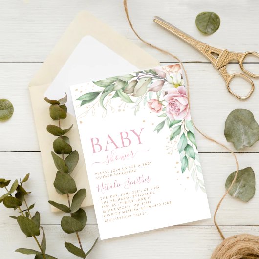 Boho Blush Pink Waterverf Floral Girl Baby shower Kaart