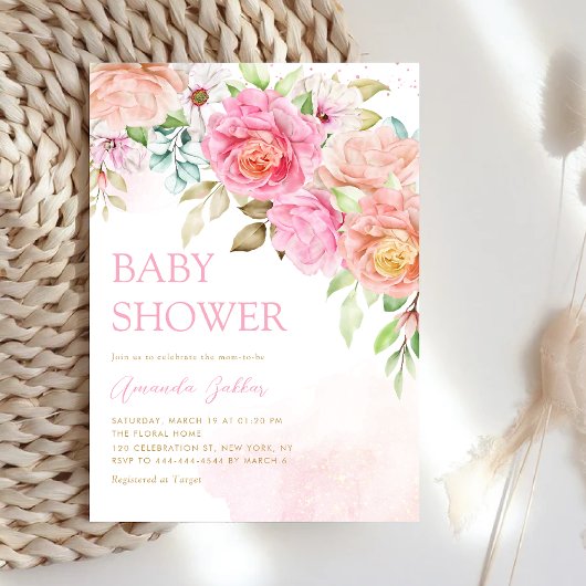 Boho Blush Pink Waterverf Floral Girl Baby shower Kaart